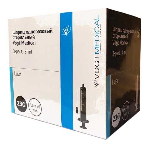 Шприц одноразовый стерильный Vogt Medical 3 мл с иглой 23G 1 1/4 (0,6*30мм) luer 100 шт в Фармленд